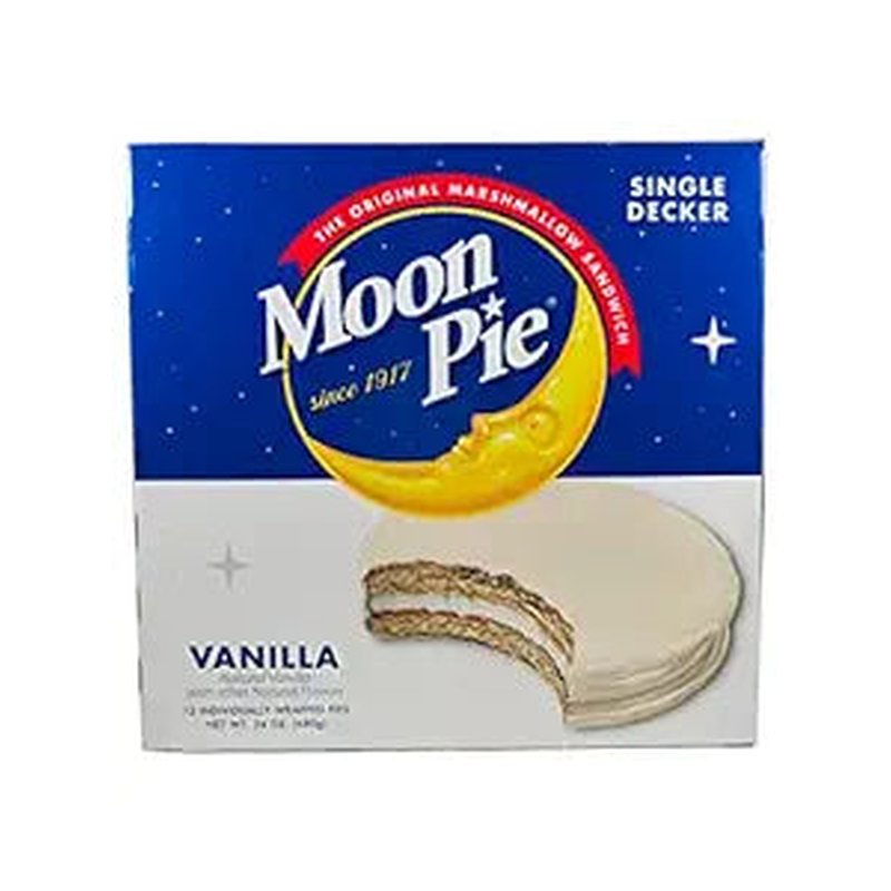 Moon Pie Vanilla 12 Ct candy/snack wholesale retail distribution with rich chocolate coating and creamy marshmallow center