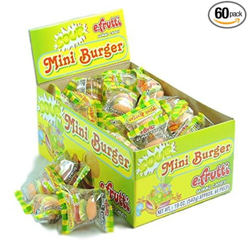 Efrutti Sour Mini Burger candy pack with 60 individually wrapped gummies wholesale candy/snack retail distribution