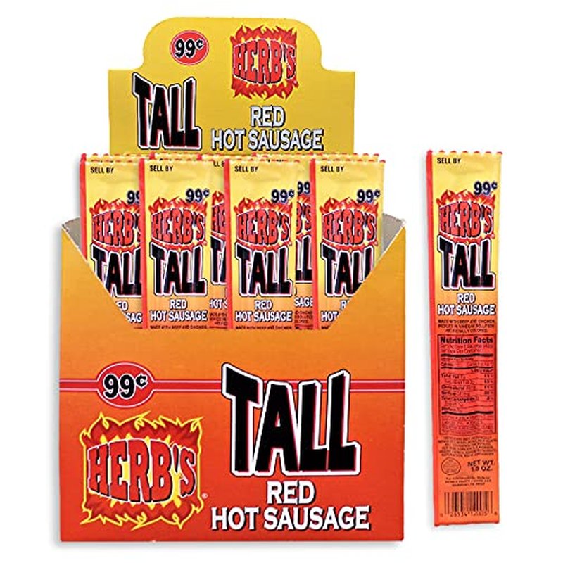 Herbs Tall Red Hot Sausage packaged in a tall shape, 24 count, wholesale candy/snack retail distribution