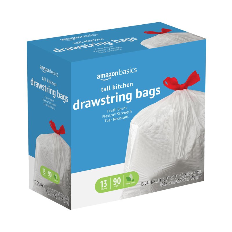 Amazon Basics Flextra Tall Kitchen Drawstring Trash Bags 13 Gallon wholesale household retail distribution