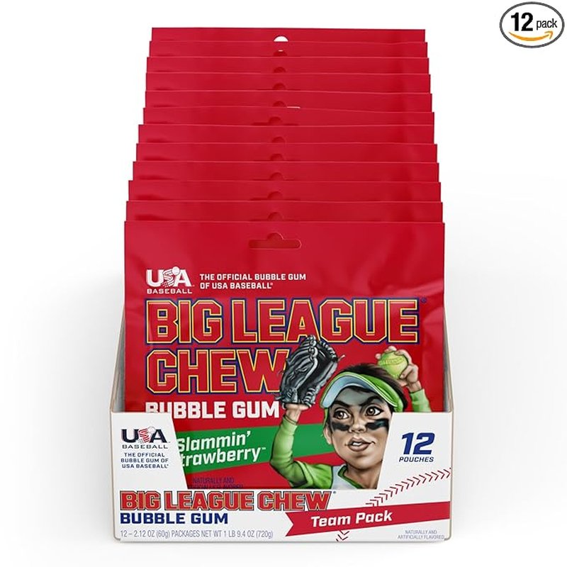 BIG LEAGUE CHEW Strawberry Bubble Gum 12 Count wholesale candy/snack retail distribution