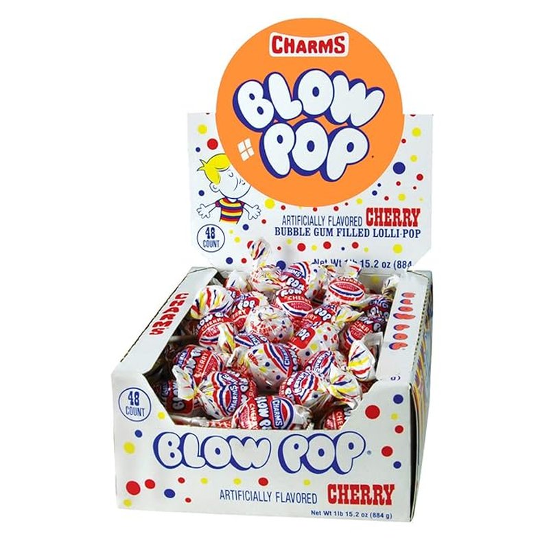 Charms Blow Cherry Pop with Gum 48 count wholesale candy/snack retail distribution