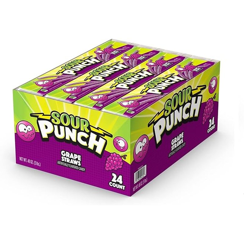 Sour Punch Straws Grape 24 Count Box wholesale candy/snack retail distribution
