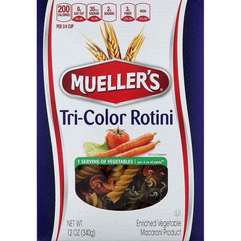 Mueller's Tri-Color Rotini 12-Ounce package wholesale grocery retail distribution