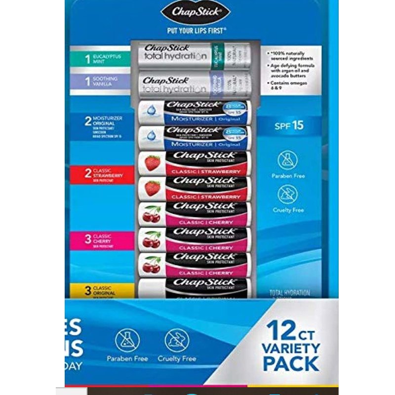 ChapStick Variety Pack Classic Original, Cherry, Strawberry, Lip Moisturizer & Total Hydration 12 ct wholesale health&beauty retail distribution
