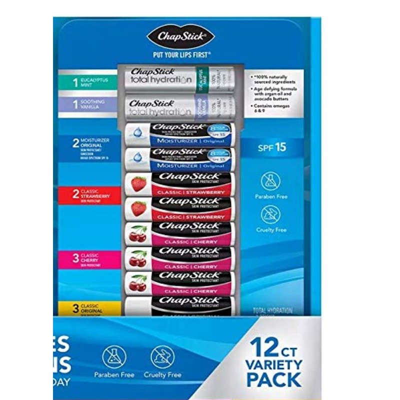 ChapStick Variety Pack Classic Original Cherry Strawberry Lip Moisturizer Total Hydration 12 ct wholesale health&beauty retail distribution